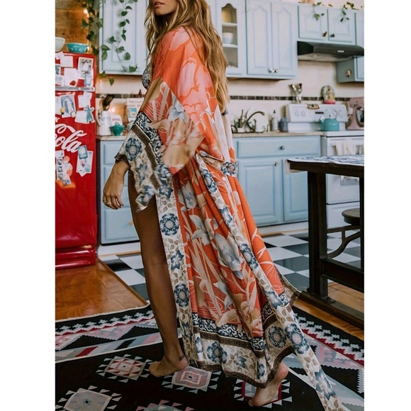 Orange Crane and Floral Print Long Kimono with Belt - Picture 2 of 5